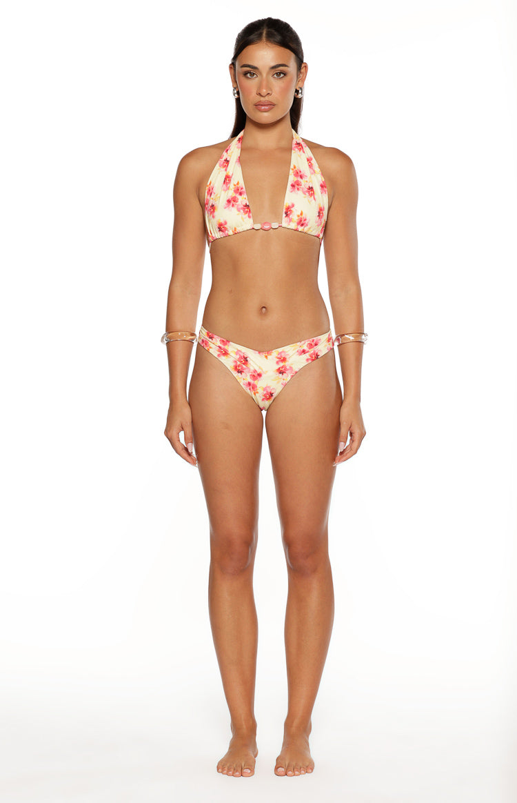Sunbeam Yellow and Pink Floral Print Halter Bikini Top Image