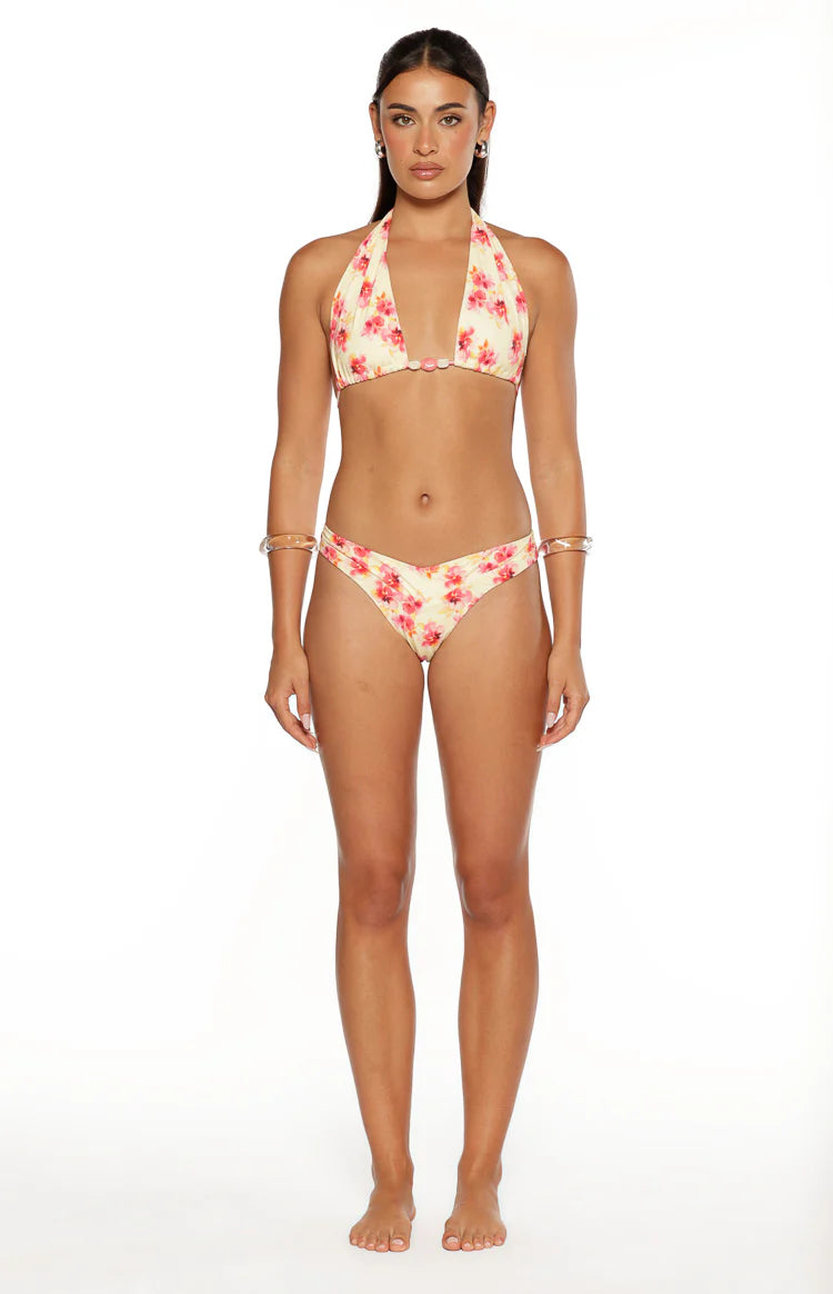 Sunbeam Yellow and Pink Floral Print Halter Bikini Top