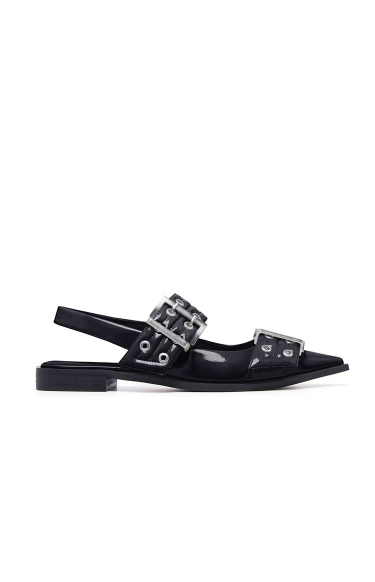 Side view of a black patent pointed flat with two buckled straps and a slingback