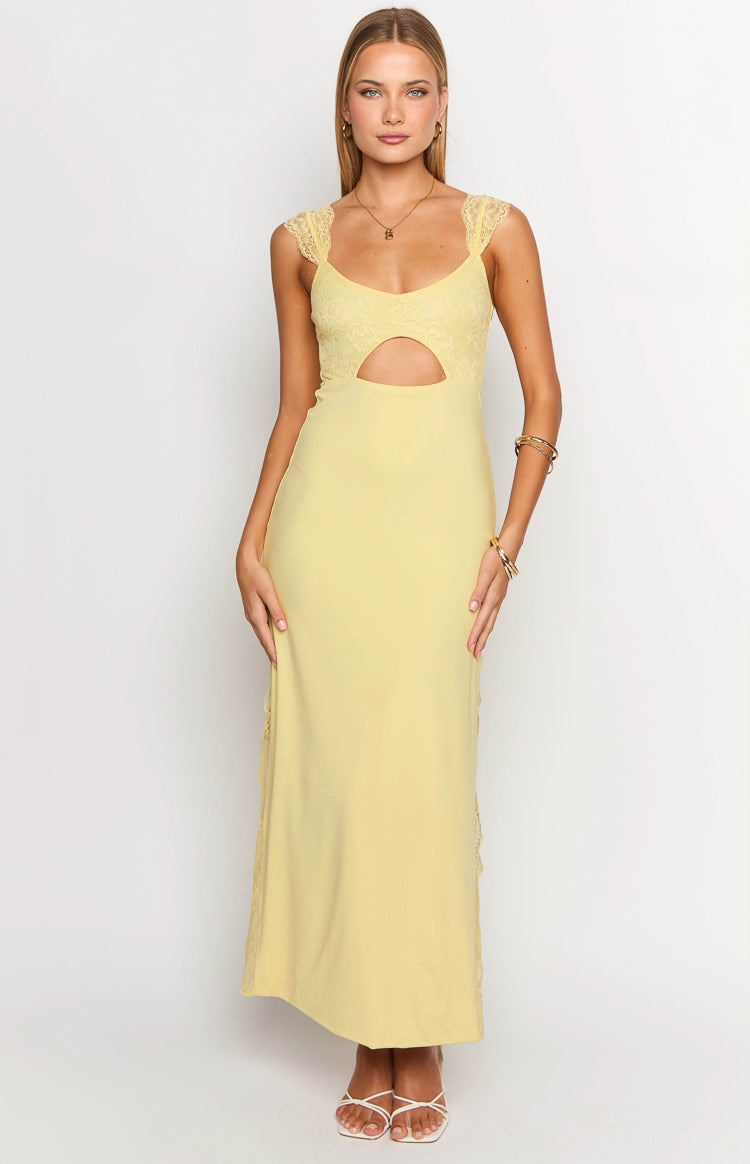 Front view of a yellow maxi dress featuring a lace bodice, cap sleeves, and a central cutout