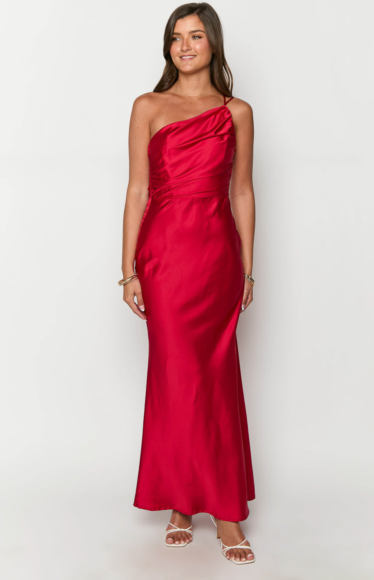 Red satin one-shoulder maxi dress with a draped neckline and ruched detailing on the fitted bodice