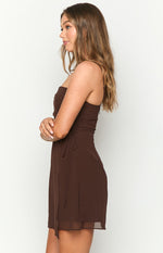 Side view of a brown mini dress showing the ruched bodice, thin straps, and side tie detail on the sheer skirt