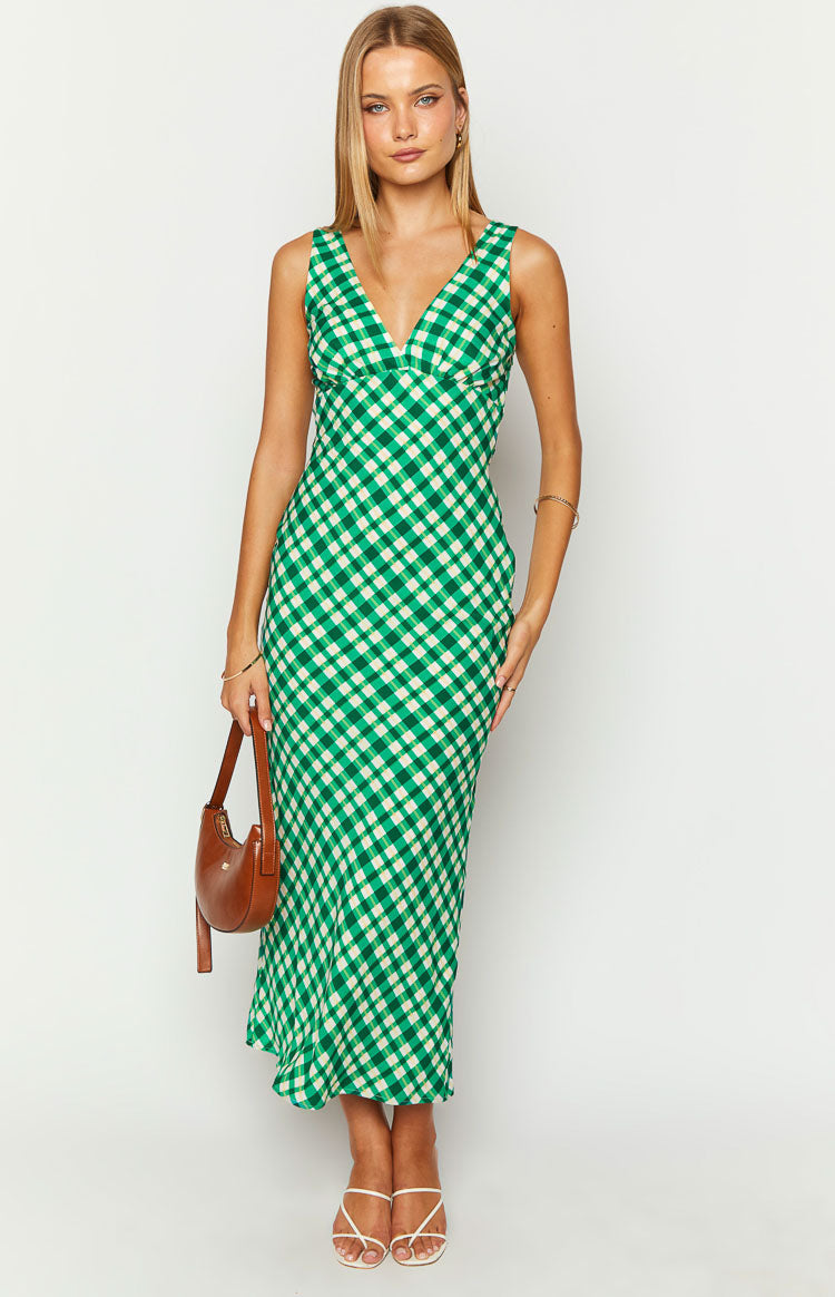 Green and cream check maxi dress with a V-neckline and a flowing bias-cut skirt