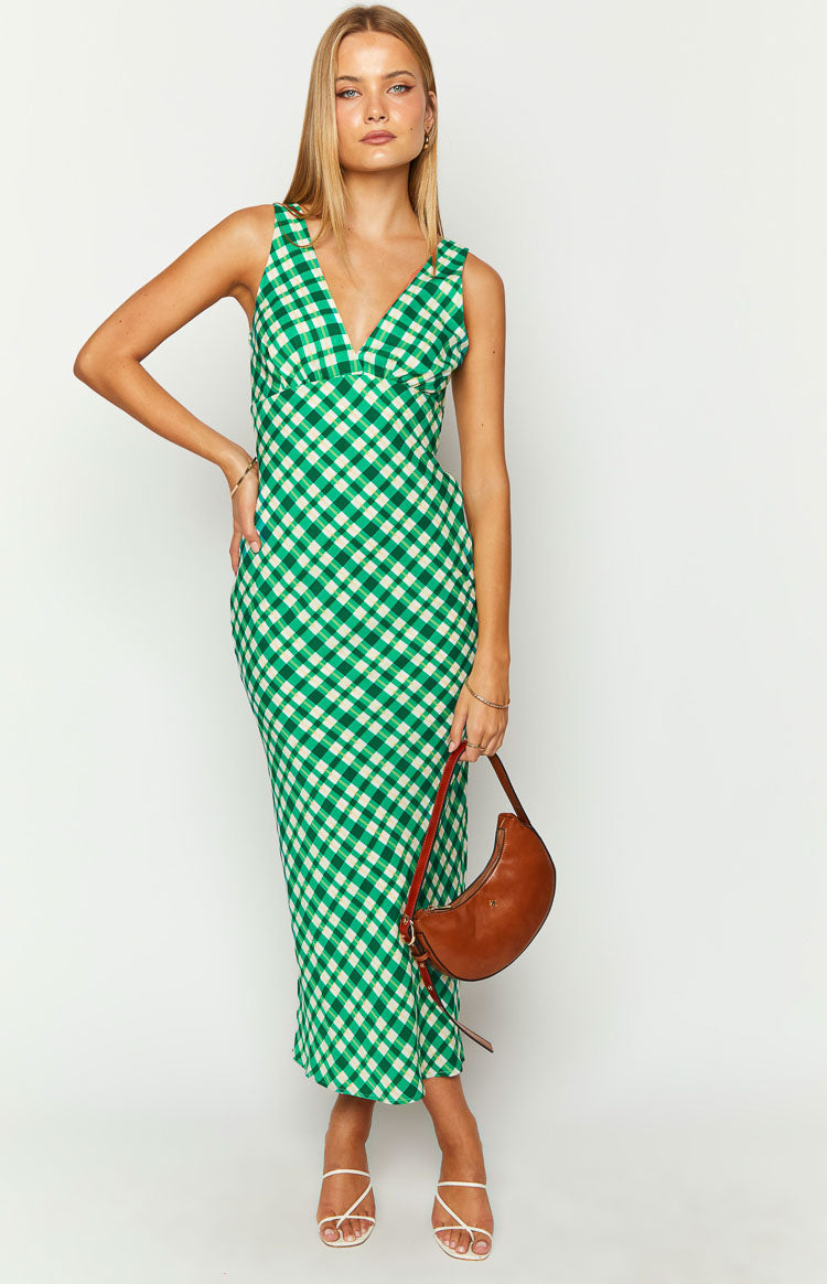 Front view of a green and white check maxi dress with a V-neck and fitted underbust seam