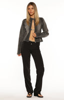 Front view of black low waist pants with a double button and hook closure and a straight leg silhouette