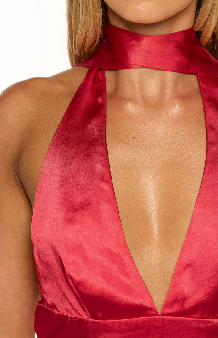 strapless open back dress Polly Mini Dress With Attached Scarf In Cherry Red – Brune main image 1