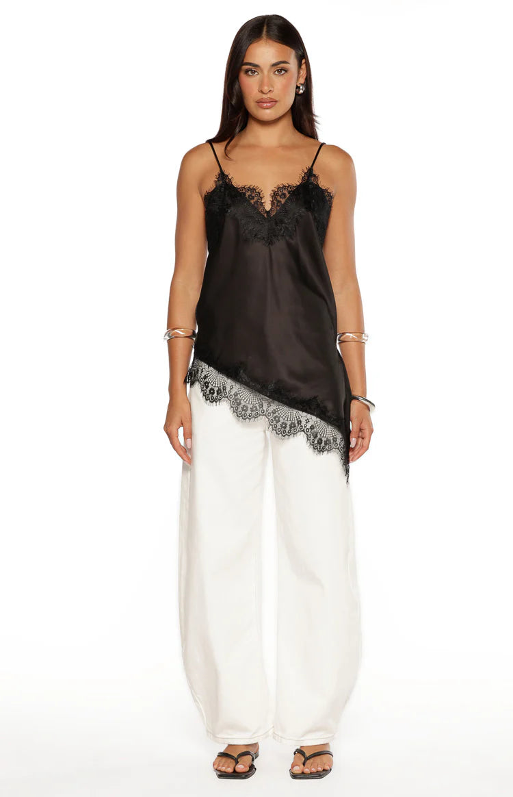 Ziva Black Satin Lace Trim Asymmetrical Top