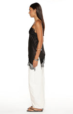 Ziva Black Satin Lace Trim Asymmetrical Top