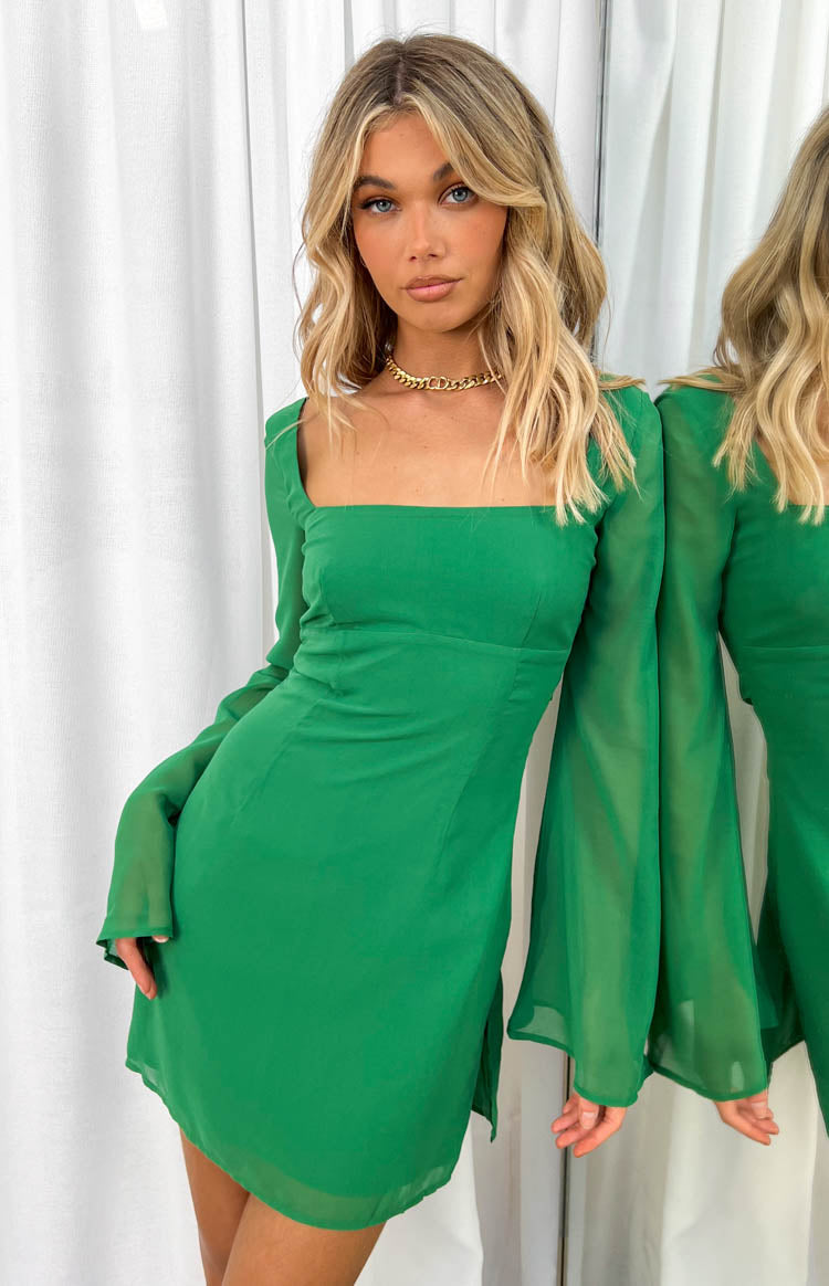Amalfi Green Long Sleeve Lace Up Mini Dress – Beginning Boutique NZ
