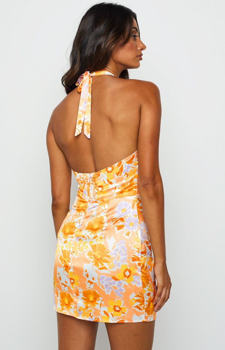 Brooke Orange Floral Halter Mini Dress Image
