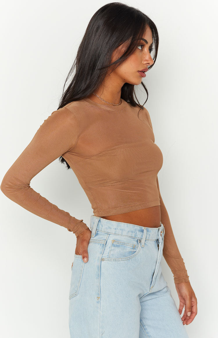 Evermore Beige Mesh Long Sleeve Top Image