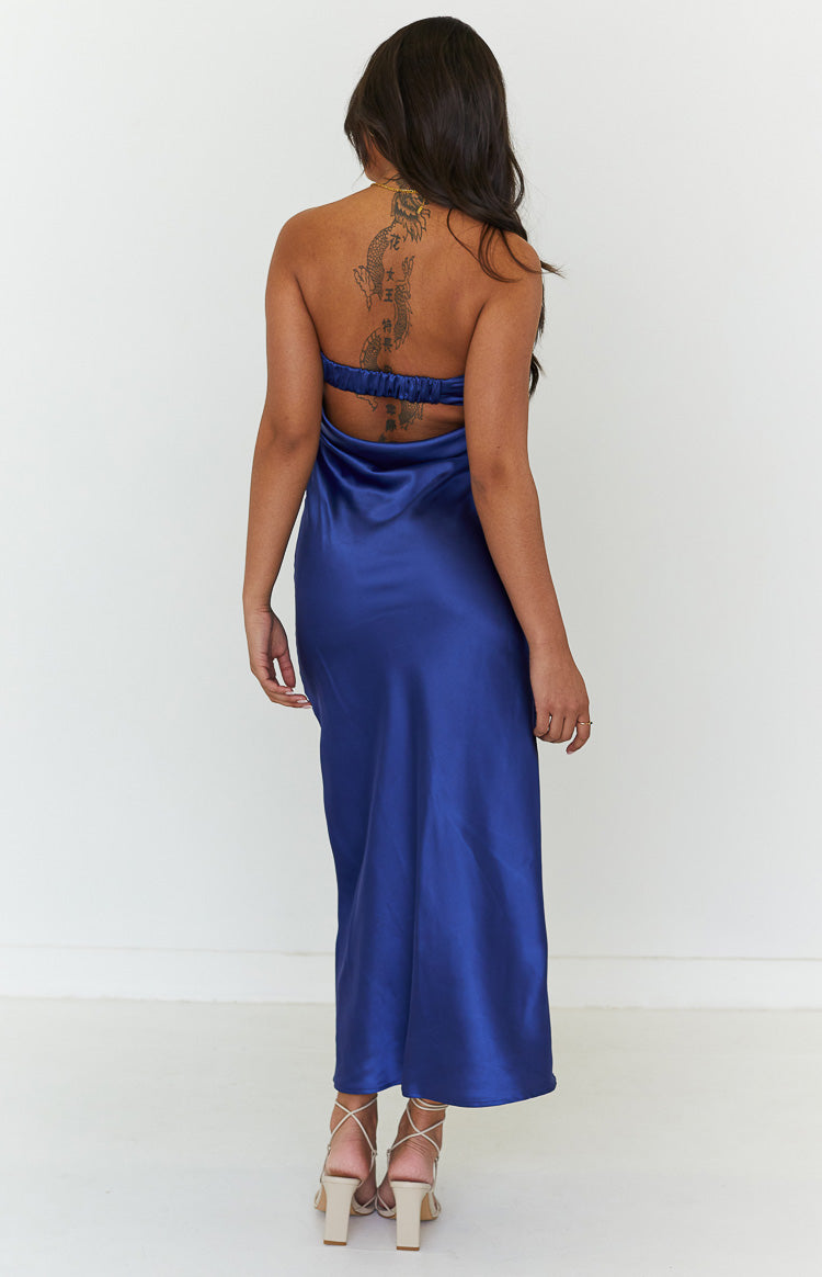 Rear view of a navy satin maxi dress with a strapless design and elasticated band across the open back