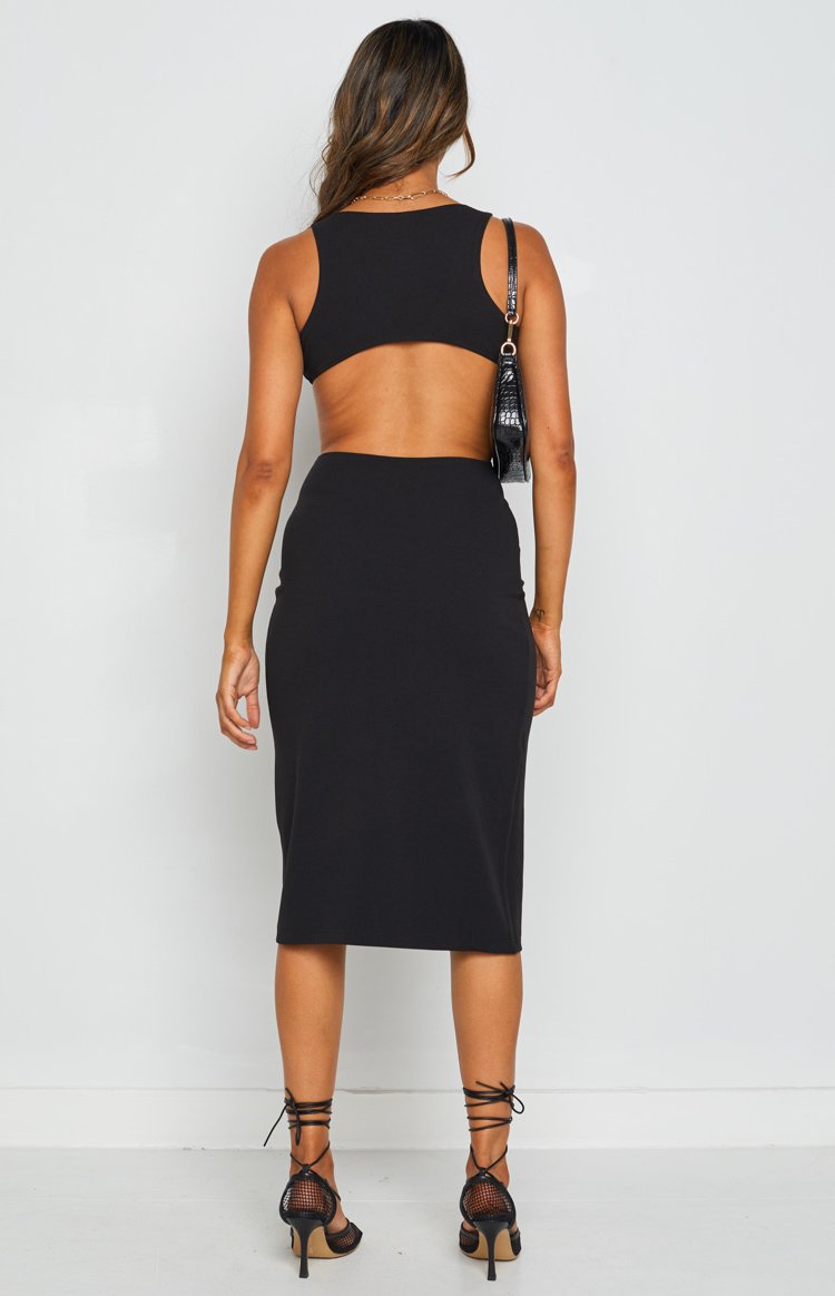 Black sleeveless bodycon midi dress with a high back and large waist cutouts
