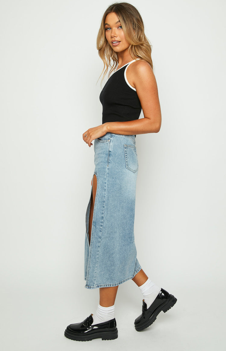 Aysha Cutout Blue Denim Midi Skirt Image